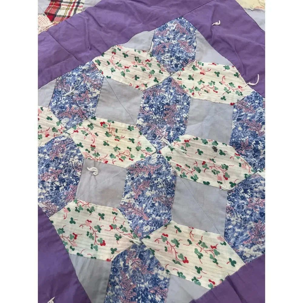 vintage 60-70's handmade patchwork quilt blanket twin size cottage core 6X5
